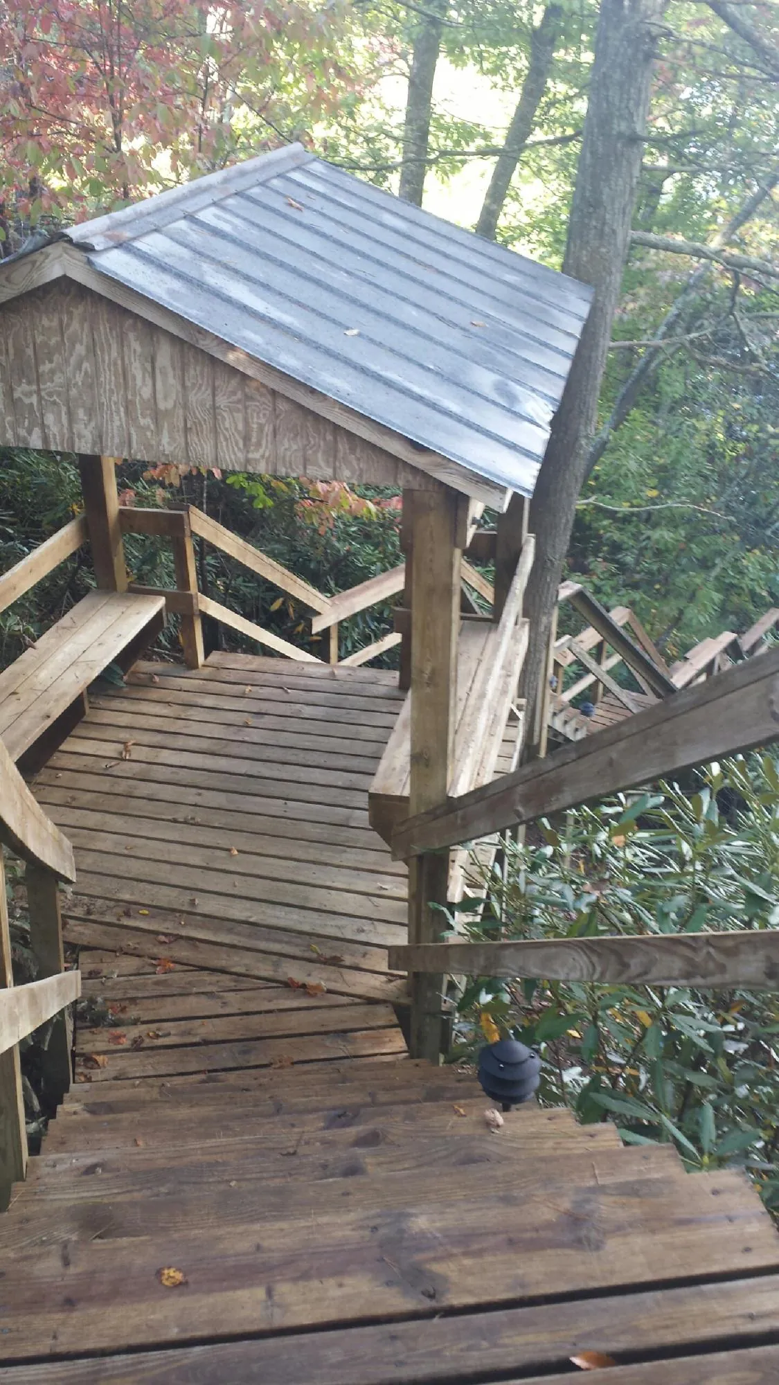 Metal roofed shelter over wooden steps on a wooded walkway — Skylight Repair & Installation work by our crew in Seaview
